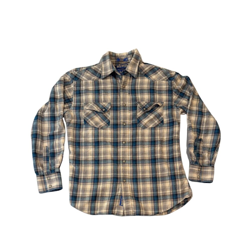 Pendleton Lucky Brand Tan Blue Plaid Austin Shirt Cotton Merino M Pearl Snap